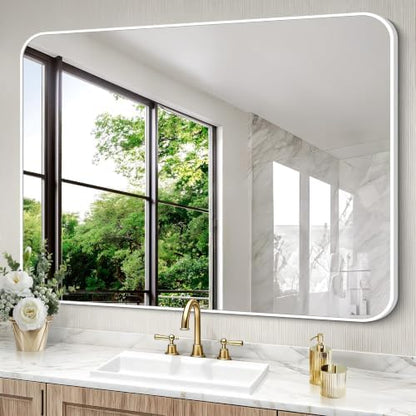 BONEWEI White Bathroom Mirror,55x36 inch Wall Mirror for Bathroom Wall Mounted,Rectangle Mirror for Bathroom Over Sink,Modern Frame Round Corner for Living Room,Bedroom Entryway,Horizontal/Vertical