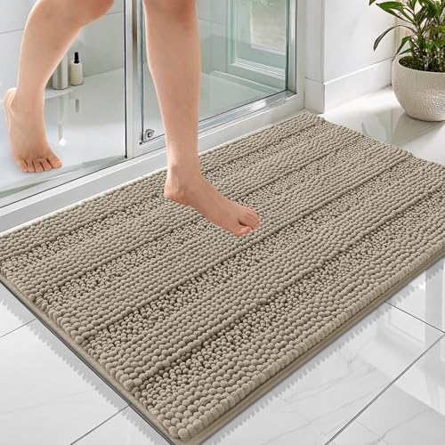 OLANLY Thick Bathroom Rugs 36x24, Chenille Striped Bath Rugs, Warm Taupe