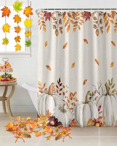 Shower Curtain Bathroom Set Thanksgiving Pumpkin Fall Orange Maple Leaf Watercolor Waterproof Shower Curtains with Grommets Hooks Vintage Linen Privacy Bath Curtain for Bathtub Decor 36x72in