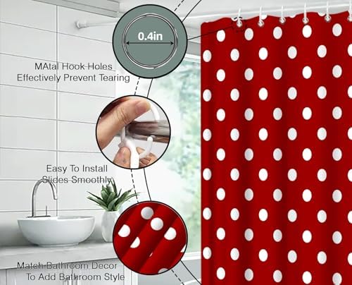 Polka Dot Shower Curtain Red White Retro Spot Vintage Fabric Decorative Bathroom Curtains with Hooks,67" Wx70 H