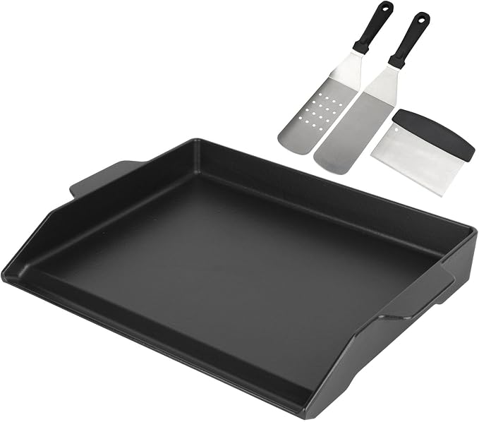BBQ Future Universal Griddle for Gas Grill with spatula set, 18" x 14" Nonstick Cast Iron Outdoor Gas Grill Griddle Insert, Large BBQ Flat Top Plate fits Electric/Stove Accessories