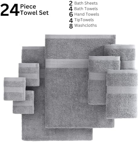 LANE LINEN Towel Set Soft Absorbent Quick Dry 100% Cotton 24 Piece - Grey