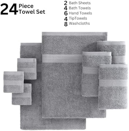 LANE LINEN Towel Set Soft Absorbent Quick Dry 100% Cotton 24 Piece - Grey