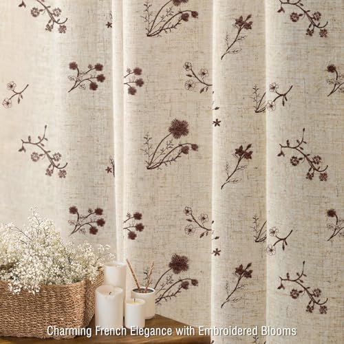 Brown Floral Vintage Linen Shower Curtain Embroidered Textured 72Wx72H