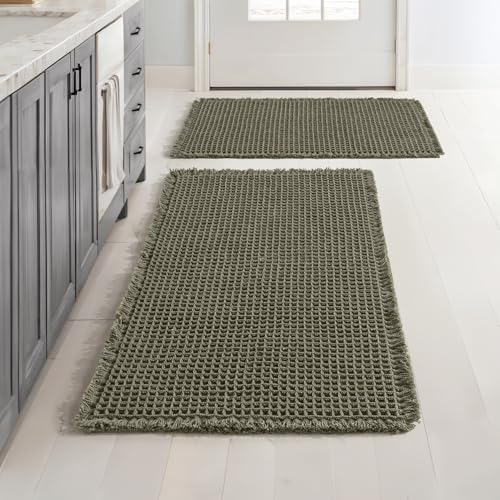 MIULEE Set of 2 Waffle Bathroom Rugs Boho Bath Mat Green 17"x24"+20"x32"