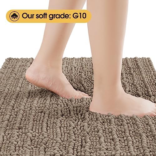 ACCUMTEK Upgrade Luxury Dark Beige Bathroom Rug Mat 59"x20", Ultra Soft Thick Absorbent Bath Mats, Non Slip Chenille Toilet Mat for Bathroom, Bedroom, Kitchen, Shower, Tub, Taupe