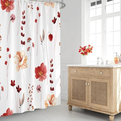 Gibelle Red Linen Shower Curtain, Floral Curtain for Bathroom, 72x72
