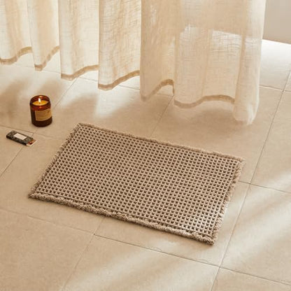 TYUU Waffle Bath Mat, Small Boho Bathroom Rugs Non Slip 24x16 Beige