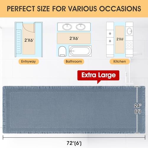 IM HOME Extra Large Waffle Bath Mat, Boho Bathroom Rugs Absorbent Non Slip, Ultra Soft Bathroom Mat, Machine Washable Knit Bath Rugs with Border for Bathroom, Bedroom, Kitchen, Shower, 6'x2', Blue