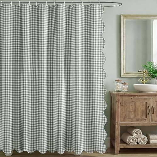 HunnmingRe Scalloped Gingham Shower Curtain Sage Green