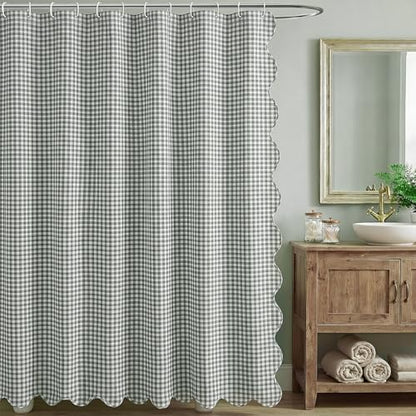 HunnmingRe Scalloped Gingham Shower Curtain Sage Green