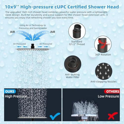 Hibbent All Metal CUPC Certified 10'' Rain Shower Head, Dual Shower Head Combo, High Pressure Handheld 4 Sprays Shower Wand, 16'' Adjustable Extension Arm, 71'' Hose, Shower Holder, Oil-Rubbed Bronze