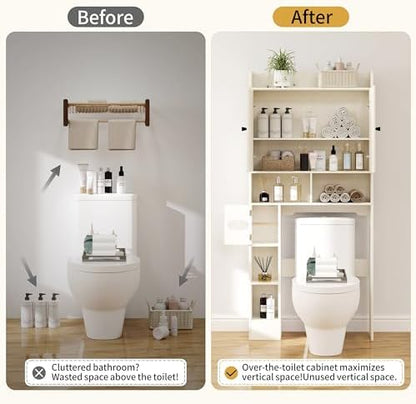 Vipbear Over The Toilet Storage Cabinet, 32.3” W Farmhouse Bathroom Storage Cabinet Above Toilet with Toilet Paper Holder and Barn Doors, Freestanding Restroom Organizer Space Saving Rack, White