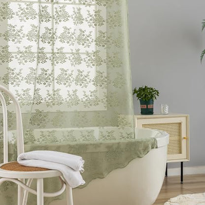 Sage Green Shower Curtain for Bathroom, 72x72, Lace with Attached Valance,
