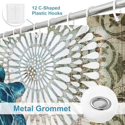 Nautical Ocean Beach Shower Curtain, Cute Coastal Sea Turtles Shower Curtains for Bathroom, Waterproof Bath Curtain with Hooks Machine Washable Bathtub Curtains 36x72 Inch Blue Teal