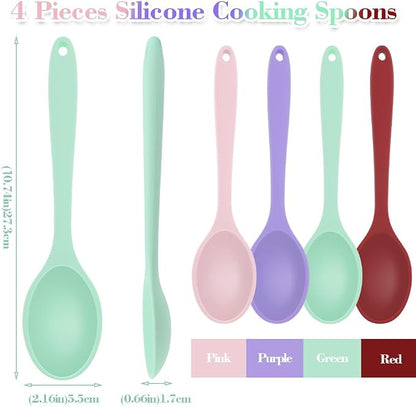 Silicone Spoons for Cooking, 4 Pcs Large Serving Spoon Heat Resistant Cooking Spoon Utensils Nonstick Mixing Kitchen Spoons for Baking Serving Mixing and Stirring Dishwasher Safe,Red,Pink,Green,Purple