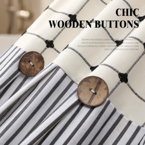Farmhouse Shower Curtain Button Plaid-Cream-Black Stripe 72"W x 72"L