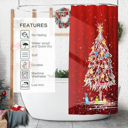 Shower Curtain Christmas, Holiday Shower Curtain Red Christmas Tree Candy Cane Stocking Jingle Bells Bulb Winter ShowerCurtain Waterproof Fabric Machine Washable Home Farmhouse Decor Bath Curtains