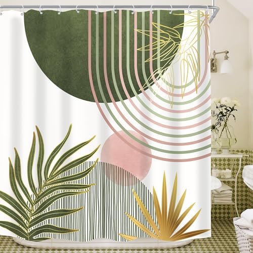Mid Century Sage Green Pink Boho Abstract Bathroom Shower Curtain Set