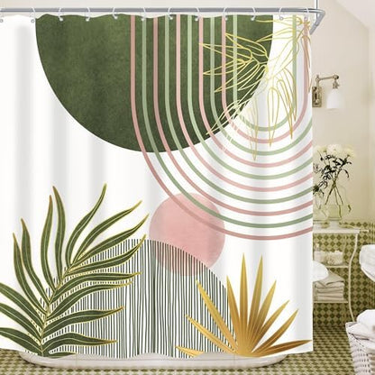 Mid Century Sage Green Pink Boho Abstract Bathroom Shower Curtain Set