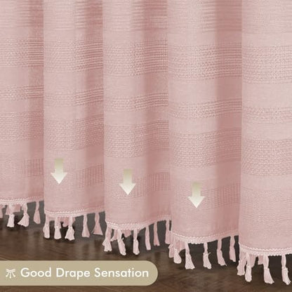 OVZME Extra Long Pink Shower Curtain 96 Inch Long, Boho Linen Textured Soft Fabric Heavy Duty Cloth Bathroom Shower Curtain with Tassel, Tall Farmhouse Luxury Bath Decor, 72Wx96L Inches