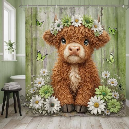 Cute Cow Shower Curtain, Farmhouse Rustic Floral Daisy Highland Cow Shower Curtains for Bathroom, Calf Country Farm Animal Garden Plant Fabric Bathroom Decor with Hooks, 54x72 inch