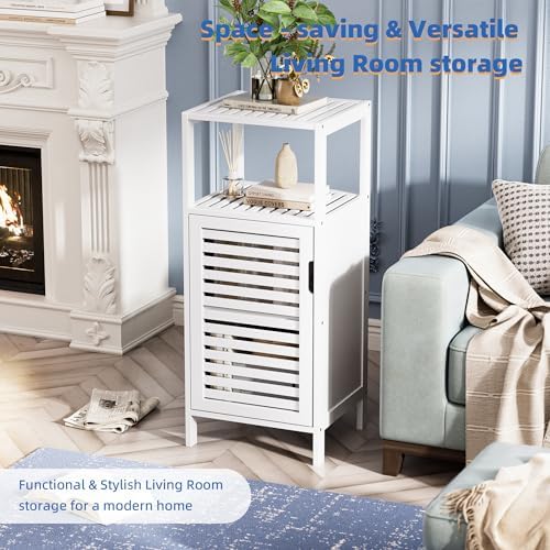 HITNET Bamboo Bathroom Storage Cabinet, 4 Tier Small White Floor Cabinet with Single Door, Free Standing Slim Narrow Storage Organizer for Living Room Entryway