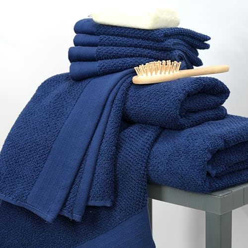 Tens Towels Pack of 8 Popcorn Textured Luxury Towels Set, 2 Extra Large Bath, 2 Hand, 4 Washcloths, 100% Cotton, Plush Hotel Quality, Super Absorbent, Perfect for Your Bathroom, Navy