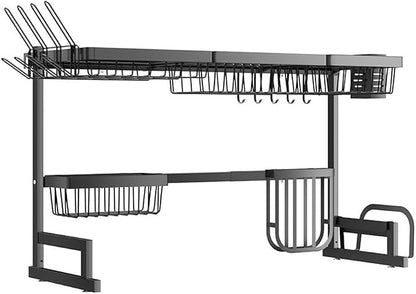 Large Over The Sink Dish Drying Rack (33.4"-41.3") 2 Tier Length Adjustable Dish Drainer for Kitchen Sink Auto Drainage Space Saving Kitchen Organizer, Black (33.4“-41.3”)