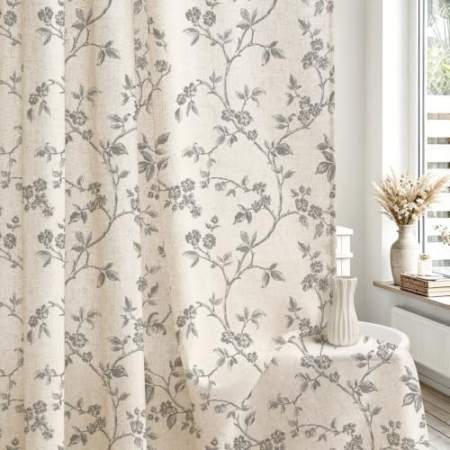 MitoVilla Grey Linen Floral Shower Curtain for Bathroom, 72 x 72