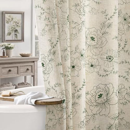Farmhouse Floral Vintage Shower Curtain for Bathroom, Green Embroidered