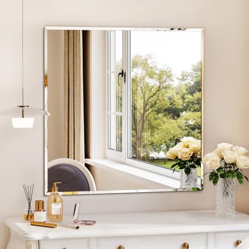 Frameless Bathroom Mirror, 30"x30" Beveled Bathroom Vanity Mirror