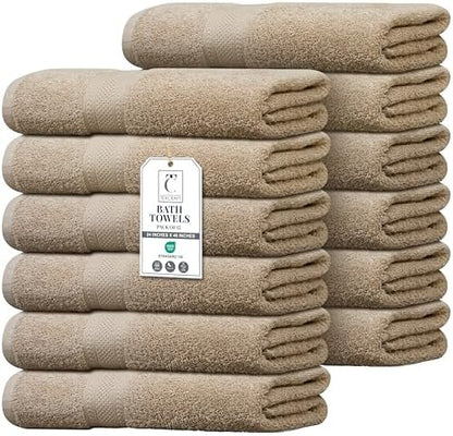 Commercial Bulk Pack of 12 Bath Towels – 100% Cotton Terry 24" x 48" – Ideal for Hotels, Salons, Gyms, Spas & Institutional Use – Beige