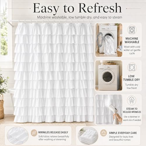 White Ruffle Shower Curtain for Bathroom, 72X84, Layered Ruffles Texture
