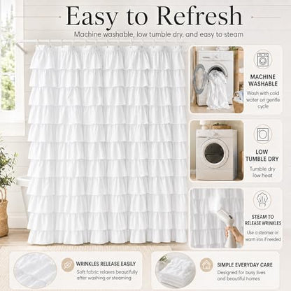 White Ruffle Shower Curtain for Bathroom, 72X84, Layered Ruffles Texture