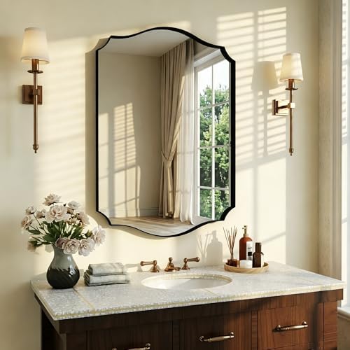 Black Vanity Wall Mirror 32"x24", Scalloped Edge Bathroom Mirror