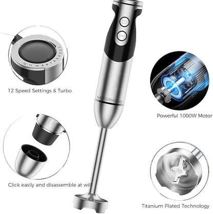 MEGAWISE Immersion Hand Blender, 3-in-1 Stick Blender with 80% Sharper Titanium-Reinforced Blades, Powerful Copper Motor, 12-Speed Turbo, Dishwasher-Safe Whisk and Milk Frother