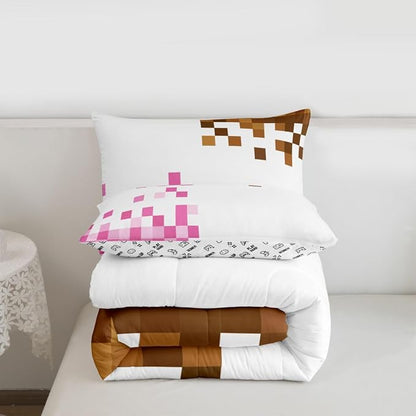 Manfei Game Pixelated Theme Kids Comforter Toddler Size,Patchwork Grid Quilt Set for Kids Boys Girls Bedroom Decor,Video Games Bedding Set,Pink Brown Duvet Insert,1 Pillowcase