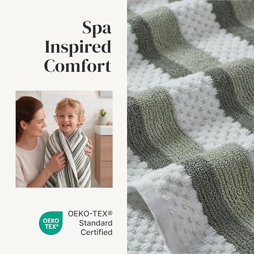 Modern Threads 6 Piece Bath Towel Set – Bathroom Towel Set with 2 Bath Towels, 2 Hand Towels & 2 Washcloths – 100% Cotton, Soft & Absorbent – Wide Stripe (Green)