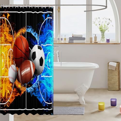jejeloiu Ball Games Bath Curtain Boys Girls 72"x84" Ice Fire Ball Shower Curtain for Kids Women Men Waterproof Football Bathroom Shower Curtain Set Sports Game Kids Bathroom Accessories