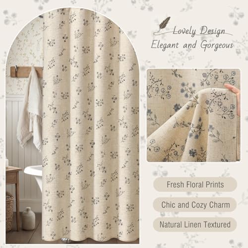 Black Floral Farmhouse Vintage Linen Shower Curtain French Country 72Wx72H