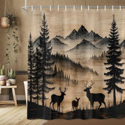 Rustic Deer Shower Curtain, Cabin Country Wood Lodge Hunting Wild Animal Vintage Farmhouse Hunting Camping Camper RV Bathroom Decor Polyester Fabric Mens Bath Curtain Set with Hooks,47X70IN