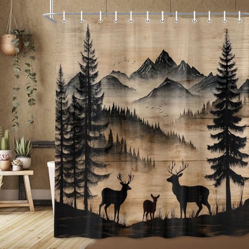 Rustic Deer Shower Curtain, Cabin Country Wood Lodge Hunting Wild Animal Vintage Farmhouse Hunting Camping Camper RV Bathroom Decor Polyester Fabric Mens Bath Curtain Set with Hooks,70X70IN