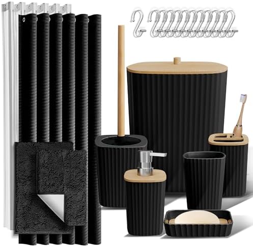 Clara Clark Black Bathroom Set, Bathroom Sets with Shower Curtain and Rugs