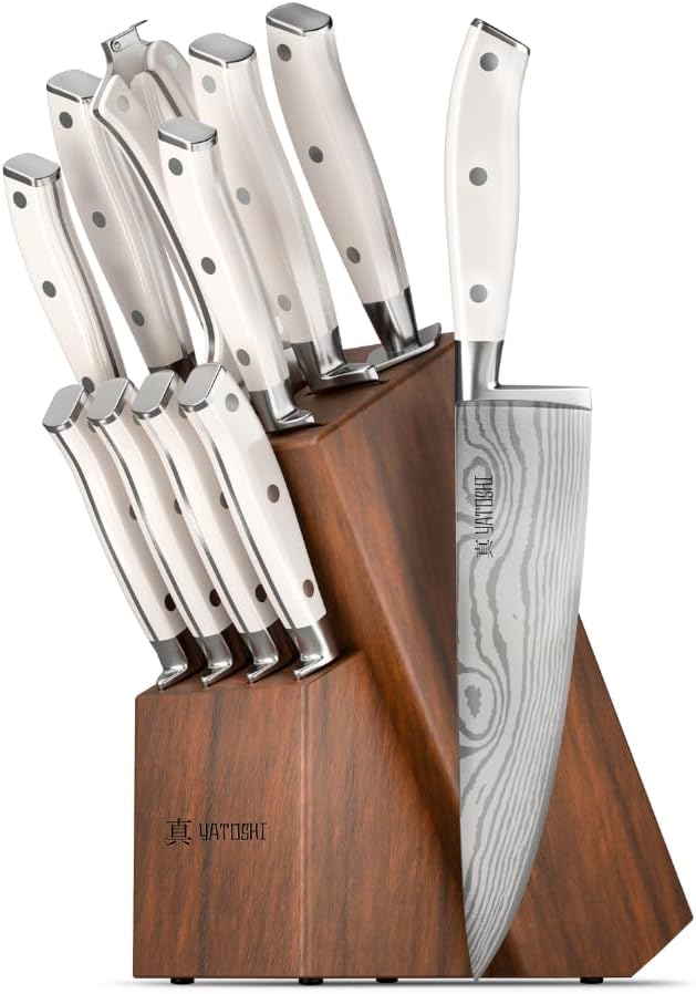 Yatoshi 12 Piece White Knife Block Set - Pro Kitchen Knife Set Ultra Sharp High Carbon Stainless Steel with Ergonomic Handle