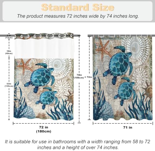 Green and Teal Sea Turtles Theme No Hook Waffle Weave Shower Curtain with Snap in Liner Nautical Beach Bathroom Blue Ocean Decor Set 72 W x 74 H Inch Teal