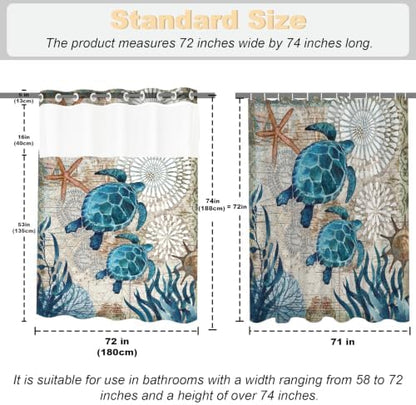 Green and Teal Sea Turtles Theme No Hook Waffle Weave Shower Curtain with Snap in Liner Nautical Beach Bathroom Blue Ocean Decor Set 72 W x 74 H Inch Teal