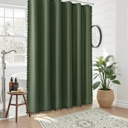 Nanspring Olive Green Boho Linen Shower Curtain for Bathroom Luxury Fancy Modern Rustic Fabric Shower Curtain Set with Hooks Farmhouse Hotel Style Bath Accessories Decor Water Repellent 72x72