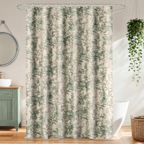 Farmhouse Sage Green Floral Shower Curtain with 12 Clear Rings 72"W x 84"L