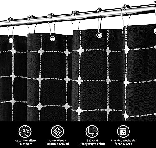 Boho Farmhouse Classic Plaid Linen Tassel Shower Curtain Black,72x78